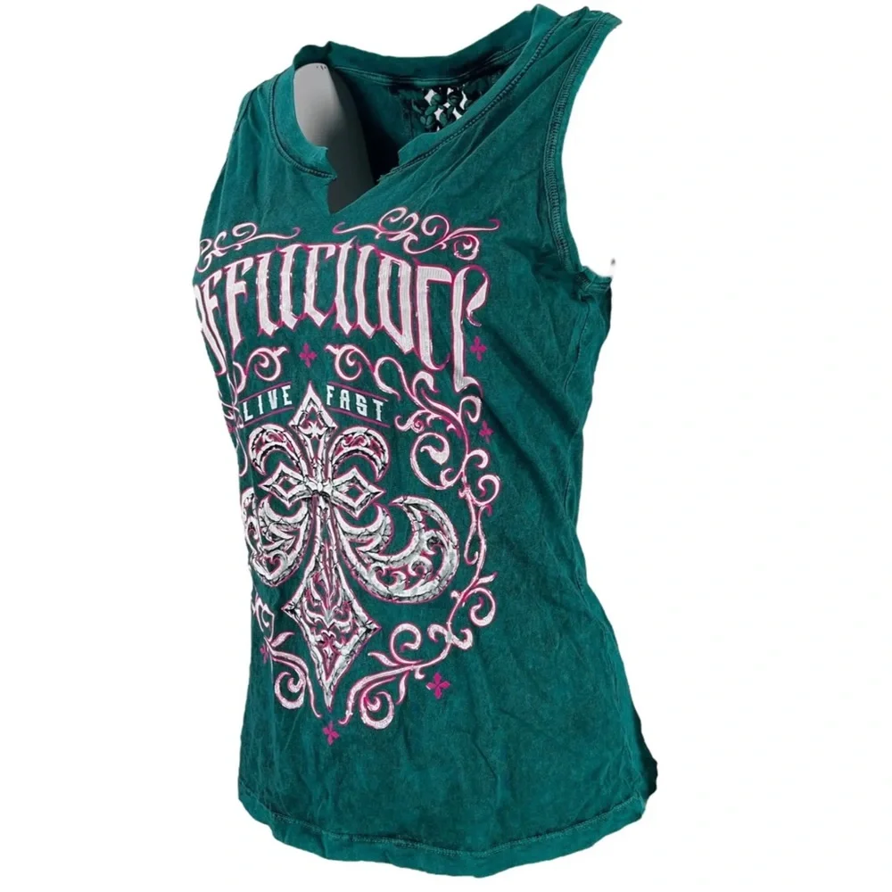 Affliction Women's T-Shirt Winter Epitaph Black Biker Tattoo - Picture 6 of 9